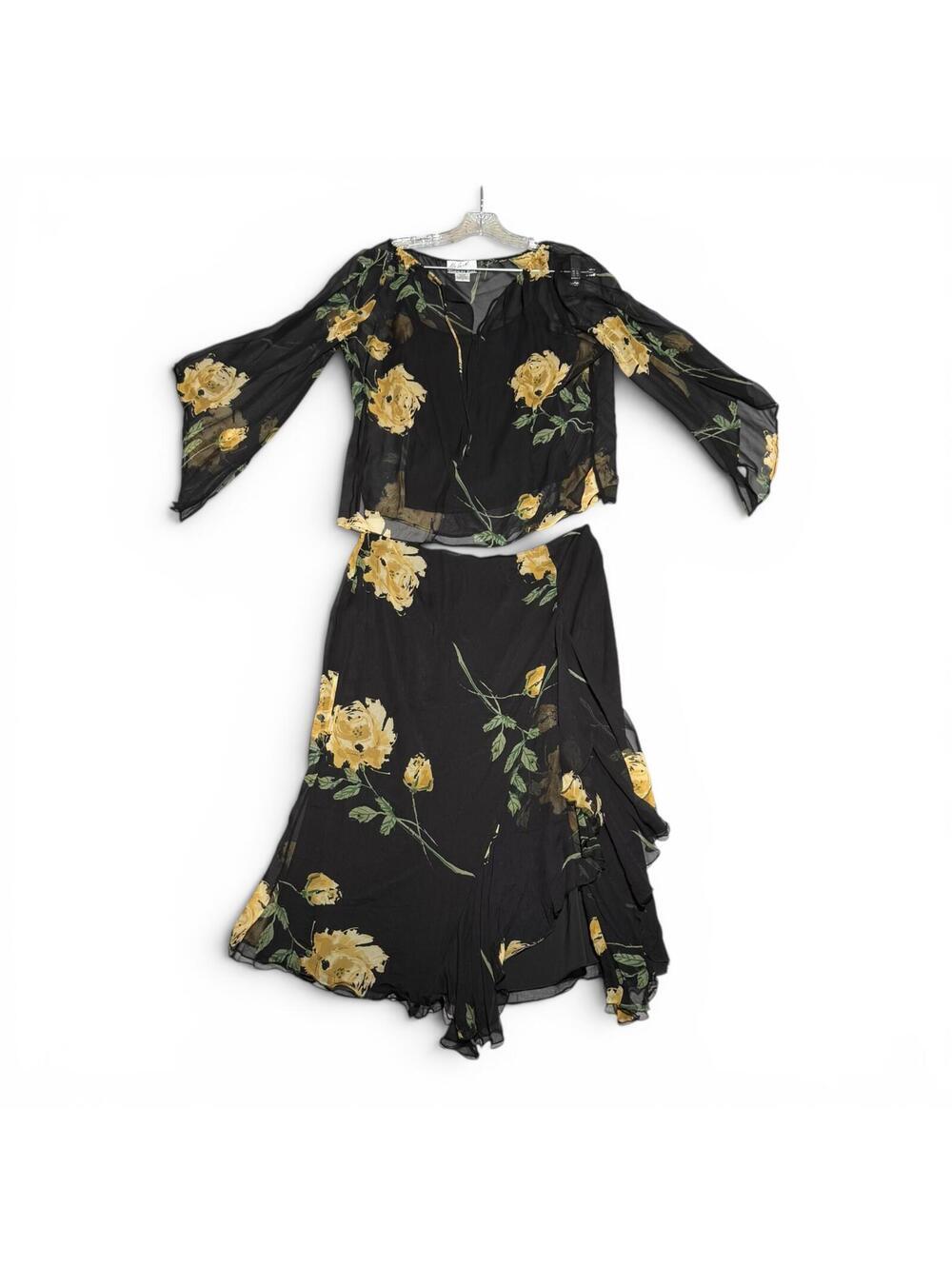 Vintage 90s Silk Randolph Duke Black Floral Sheer Two-Piece Skirt Set Size 8
